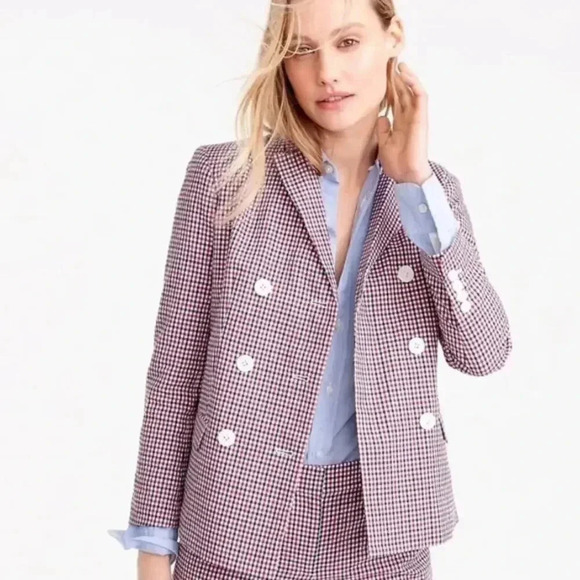 J. Crew Double Breasted Blazer Red White Blue Gingham Career Office Size 2 - Picture 1 of 7